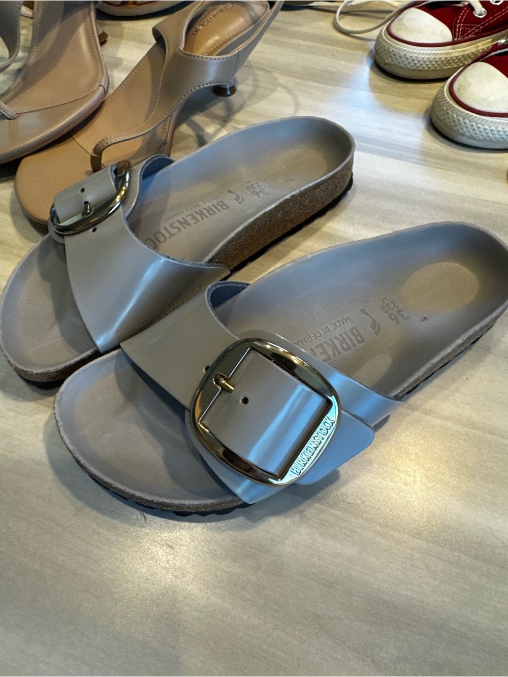 Birkenstock Madrid Single Buckle Slide — Light Taupe